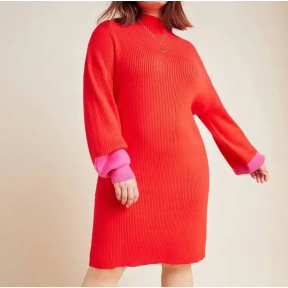 Line and Dot | Size L | Red Knit Midi Dress | Mock Neck | Balloon Sleeve | SOFT